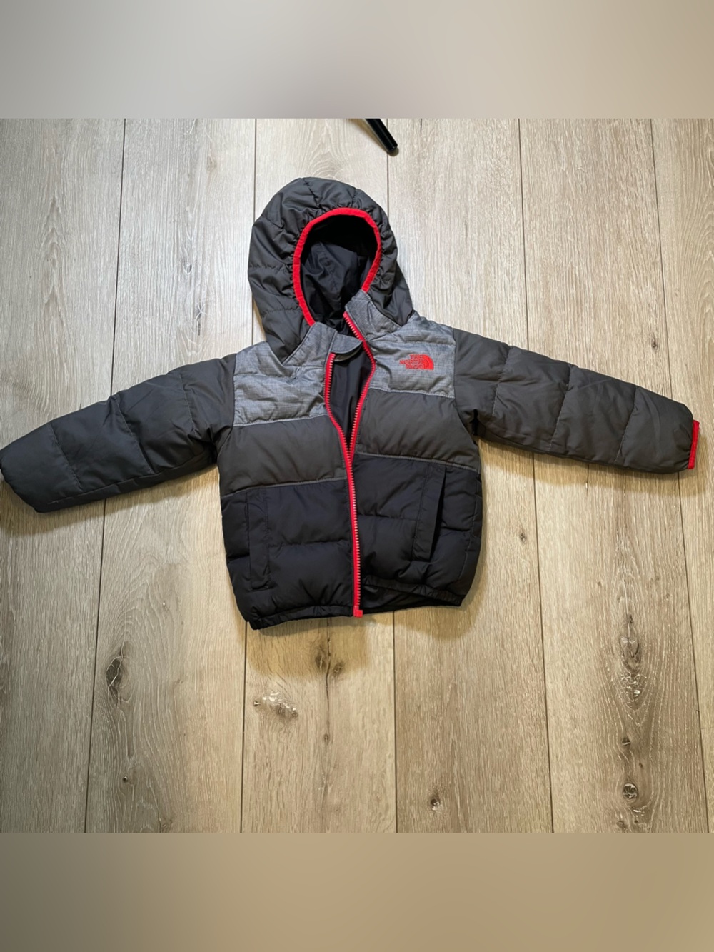 The North Face Kids Puffer Jacket in Black, Gray with Red Trim
